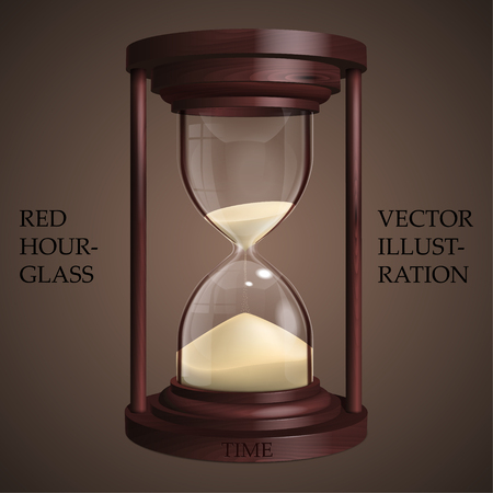 Red hourglass on brown background. Future concept. Realistic 3D hourglass for Your business project. Sandglass Vector Illustrationのイラスト素材