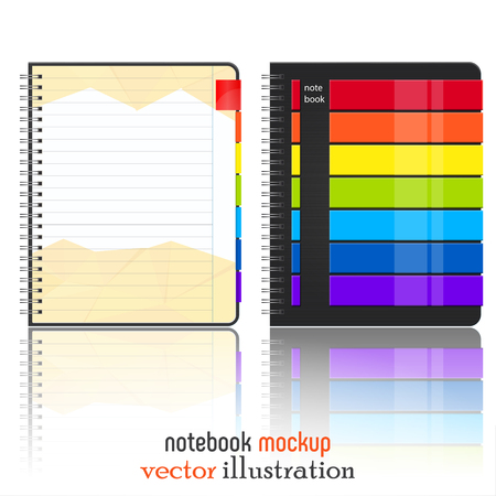 Rainbow notebook mokup isolated on white background. Bright notebook mock up for Your business project. Vector Illustrationのイラスト素材