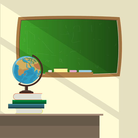Classroom, School globe and books on the teacher's desk. School board. Vector Illustrationのイラスト素材