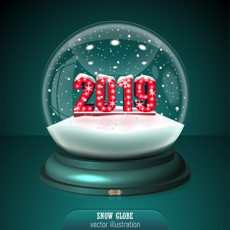 2019 Snow globe on green background. Merry Christmas and Happy New Year 2019. Realistic christmas snow globe 2019 for Your business project. 2019 Vector Illustrationのイラスト素材
