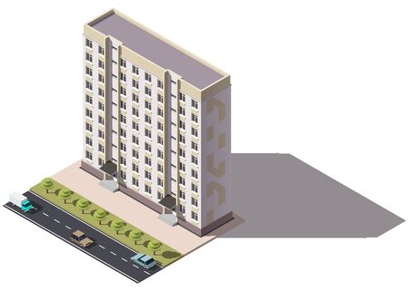 Public residential nine-storey building isometry. Isometric view of the house and cars. 3D object for video games or real estate advertising. For Your business. Vetor Illustrationのイラスト素材