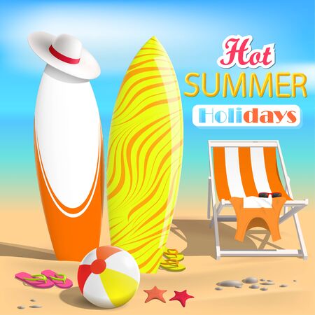 Summer. Surfboards and beach ball. Sea. 3D Vector Illustrationのイラスト素材