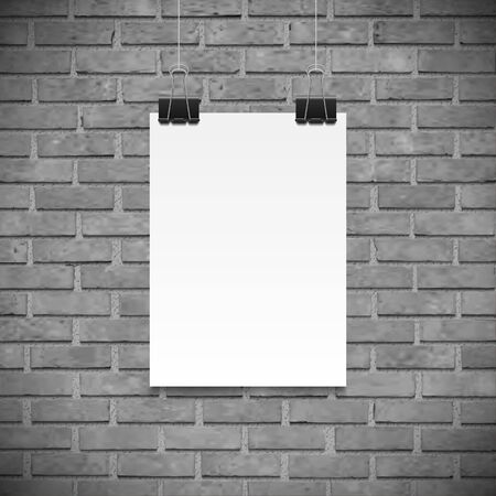 Black and white brick wall and paper poster for text, backgrpund mock up. Realistic black paper clamp. For Your business project. Vector Illustrationのイラスト素材