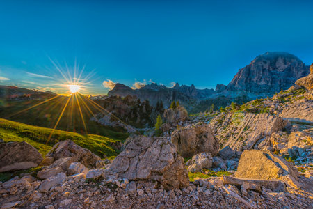 Sunset on the rocks, Dolomites, Veneto, Italyの写真素材
