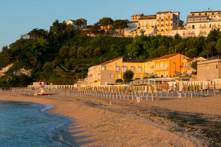 The town of Numana at sunrise, Conero, Marche, Italyの写真素材