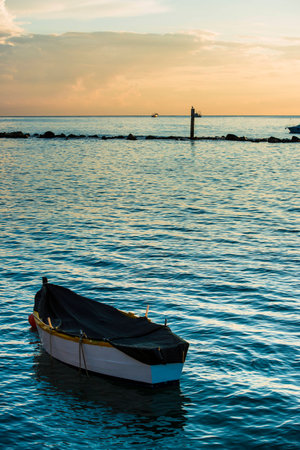 Seagull and boat at sunrise on the sea, Conero, Marche, Italy