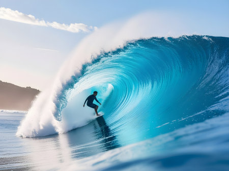 Surfer on Blue Ocean Wave, Bali island, Indonesia.の素材