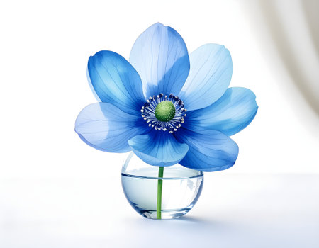 Blue anemone flower in glass vase isolated on white backgroundの素材