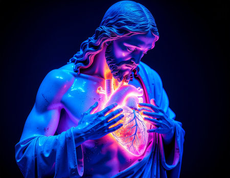 Digital Illustration of a Human Heart in a Blue and Red Lightの素材