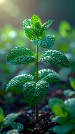 Peppermint plant growing in the garden. Selective focus.の素材