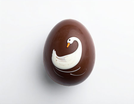 Chocolate Easter egg with a white swan on a white backgroundの素材