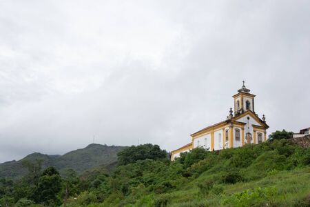 OURO PRETO, MINAS GERAIS, BRAZIL - DECEMBER 23, 2019: Low angle of church "Nossa Senhora das Meces e Misericordia" in Ouro Preto , Minas Gerais - Brazil. Ouro Preto was designed a World Heritage Site by UNESCO in 1980 because of its outstanding Baroque Poのeditorial素材