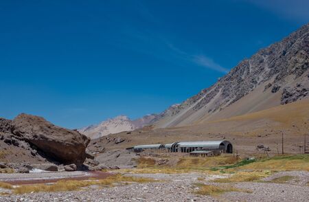 MENDOZA, ARGENTINA - NOVEMBER 17, 2019: Abandoned Transandine Railway shelter in Mendoza, Argentina. These railway shelters were built to protect the tracks from snow. Transandine Railway operated from Mendoza in Argentina, across the Andes to Chile linkiのeditorial素材