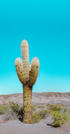 Vertical creative minimal picture of a very big beautiful cardon cactus (Echinopsis atacamensis) with brown mountains and blue sky in the background perfect for framing or wallpaper. With copy space. Los Cardones National Park, Argentina.の写真素材