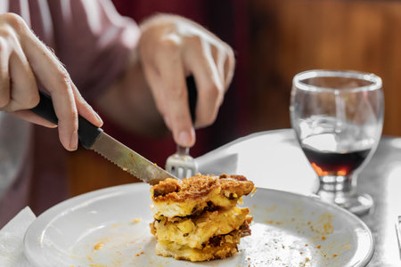 Close up of Jigote CatamarqueÃ±o, a typical dish from the city of Belen, Catamarca Province, Argentina. This kind of stew, similar to lasagna, consists of several layers of potato, meat, vegetables, hard-boiled egg, bread, and a cheese topping. It's the most representative food of the gastronomic identity of Catamarca and has a holiday in its honor: "The National Festival of The Jigote" on January 3.の写真素材