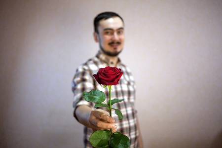 the guy in the plaid shirt holds a red rose in his hand, ffocus on flowers. on a beige backgroundの写真素材