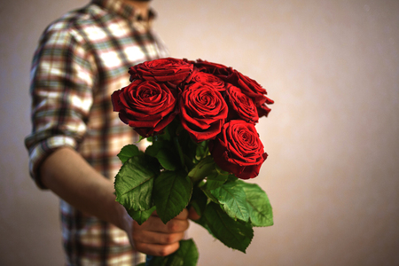 the guy in the plaid shirt holds a bouquet of red roses in his hand, focus on flowers. beige backgroundの写真素材