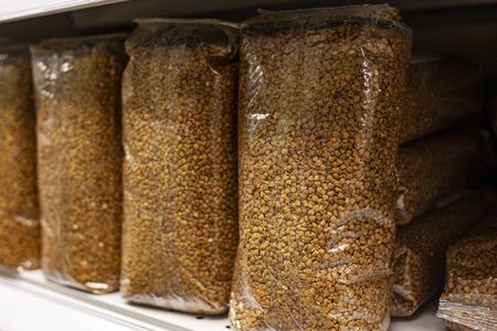 Buckwheat on the shelves of the store in Russia. Panic because of coronavirus. People are stocking...