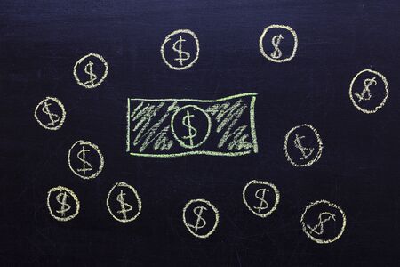 Dollar drawing on chalkboard backgroundの写真素材