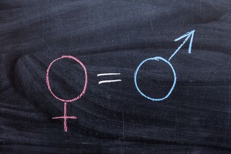 Equal Pay for man and woman, a symbol of a man and a woman on a chalkboardの写真素材