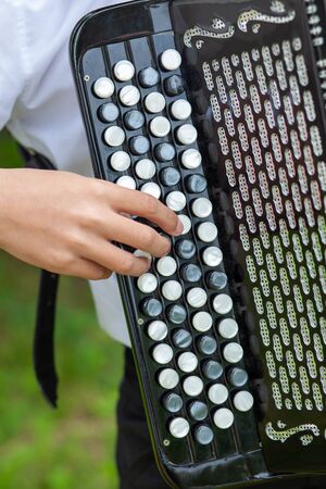 Play the accordion. Close-up, outside on the lawnの写真素材