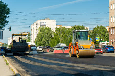 08/12/2020 Ufa, Bashkortostan: Repair of the road surface on Dostoevsky street. Equipment for laying...