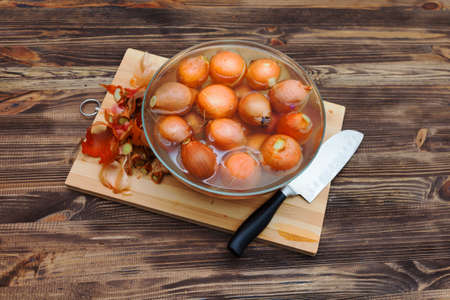 Onions in water before planting in the ground. Growing onions at homeの写真素材