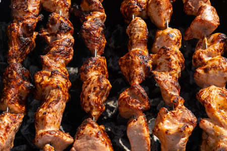 Meat on skewers top view. Pork kebab