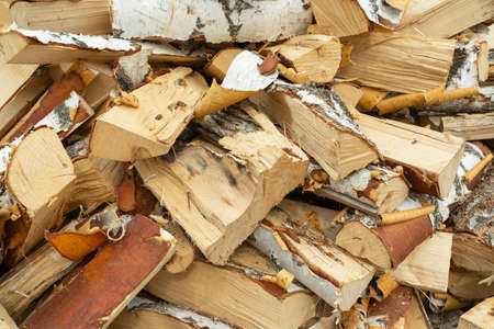 Pile of chopped birch firewood, top view