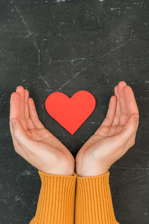 Female palms embrace a red heart-shaped figure, top view. vertical photoの写真素材