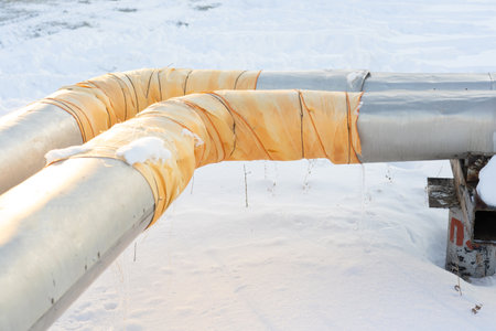central heating pipes wrapped with a repair patch made of yellow insulating material in winter in Russiaの写真素材