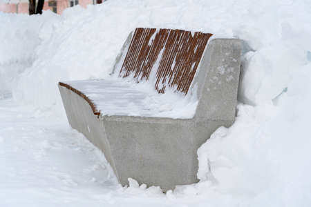 A bench cleared of snow in a winter parkの写真素材