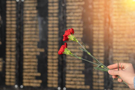 Two red carnations in a woman's hand on the background of a black plaque with the names of soldiers killed in World War II. The concept of May 9.の写真素材