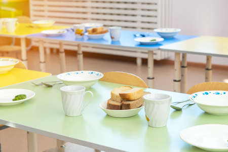 Table setting before meals kindergarten in Russiaの写真素材