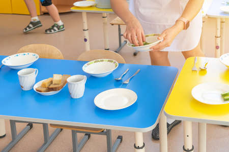 A kindergarten cook puts a piece of cucumber on a plate while serving the table before lunch.の写真素材