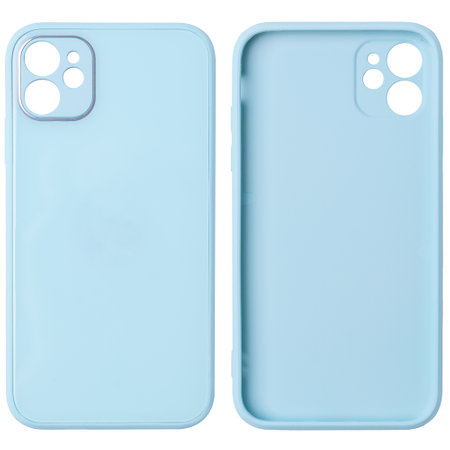 Light blue silicone case for a modern mobile phone isolated on a white backgroundの写真素材