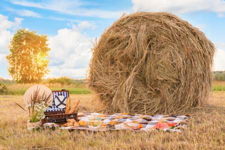 Picnic in nature in a field near a round haystack, photo zone decorationの写真素材