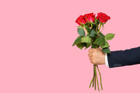A man's hand with a bouquet of red roses on a pink backgroundの写真素材