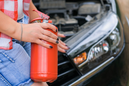 a woman holds a fire extinguisher in her hands while standing at the open hood of a car, close-upの写真素材