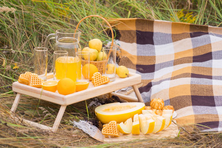 A table with yellow fruits and pastries at a picnic in summer.の写真素材