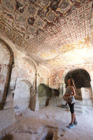 July 2019- tourist visiting Aziz Stephanos Church, Keslik Monastery, Cappadocia, Turkeyのeditorial素材