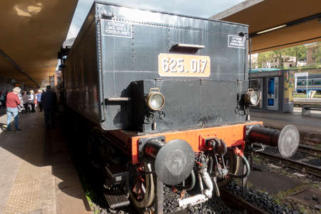 Old Italian steam locomotive, nature train, park on the platform. Siena, Italyのeditorial素材