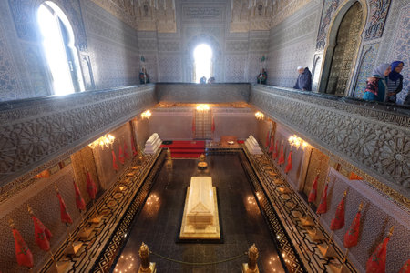The Mausoleum of Mohammed V. The historical building is located on the opposite side of the Hassan Tower on the Yacoub al-Mansour esplanade in Rabat, Morocco. The tomb of King Mohammed V.のeditorial素材