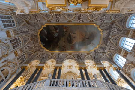 View of the ceiling of State Hermitage. A museum of art and culture in Saint Petersburg, Russia. Interior view. Founded in 1764 by Catherine the Great. Now one of the largest museums.のeditorial素材