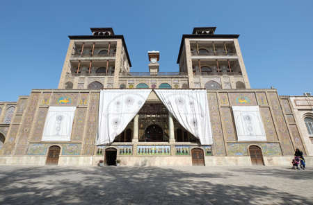 Low angle view of the Golestan Palace in Tehran city, Iran. Also known as the Rose Garden Palace. Former royal Qajar complex in Iran's capital city. Oldest historic monument and world heritage site.のeditorial素材