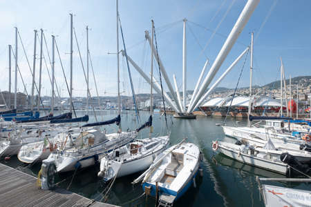 The Old Port of Genoa, where a charming waterfront plaza, the work of famous Genoese architect Renzo Piano, Genova, Liguria, Italyのeditorial素材