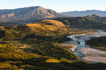 Albanian landscape at Byllis village north-east of Vlore at sunset, Albaniaの写真素材