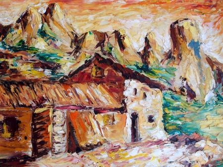 painting of a peasant house in the mountainsの写真素材