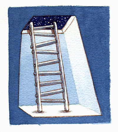 A wooden staircase in the attic leading to the roof and to a starry skyの写真素材