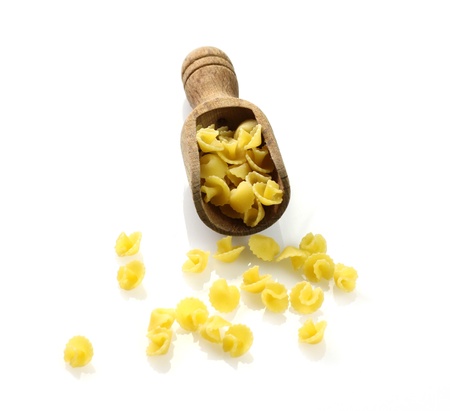 Raw Egg Pasta on white backgroundの写真素材